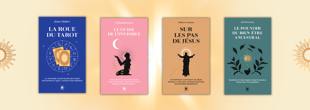 Cette image présente une collection de couvertures de livres aux couleurs vives et contrastées, avec des thèmes spirituels et de développement personnel.  Couvertures variées : Les livres sont disposés en deux rangées, avec des fonds colorés allant du rose vif, jaune, turquoise, au vert et bleu foncé. Chaque couverture arbore des illustrations minimalistes, symbolisant des éléments comme des arbres, des animaux spirituels, des cartes, et des motifs célestes. Titres spirituels et ésotériques : Les titres des livres reflètent des sujets liés à la spiritualité, la croissance personnelle, les énergies mystiques et les pratiques ancestrales. Des thèmes comme la connexion avec la nature, les âmes, les animaux spirituels, et les codes de vie ancestraux sont mis en avant. Vibrations positives : Chaque couverture combine des couleurs et des dessins simples mais puissants, capturant l’essence de la quête spirituelle et de la découverte de soi. L'image véhicule un sentiment d’éveil et de bien-être, encourageant le lecteur à explorer des domaines spirituels et ésotériques pour une transformation intérieure.